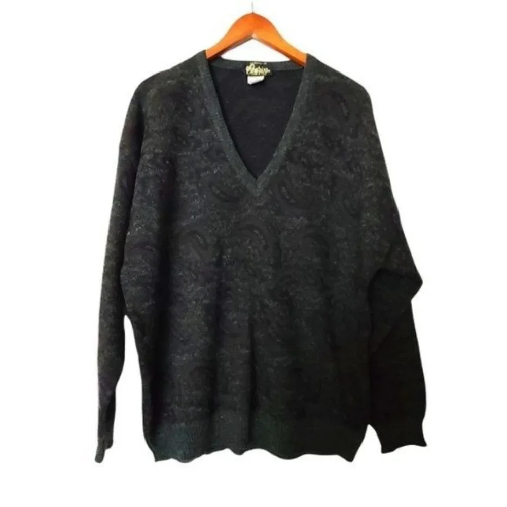 Vintage Cedrics Sweater Wool Blend XL Paisley Gray Green‎ Mens V-Neck